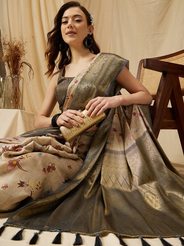 Beige tissue silk saree with intricate floral digital print