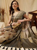 Beige tissue silk saree with intricate floral digital print