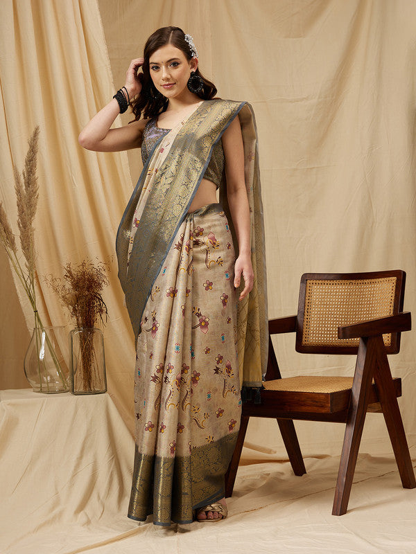 Beige Tissue Silk Saree with Floral Digital Print