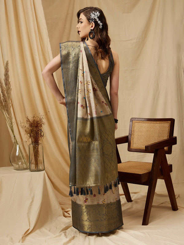 Beige Tissue Silk Saree with Floral Digital Print