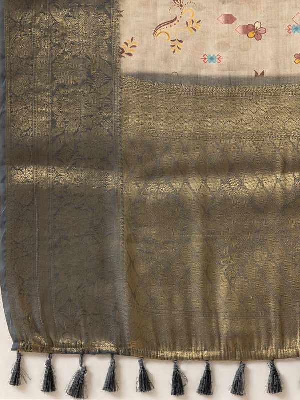 Beige Tissue Silk Saree with Floral Digital Print