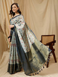 Gray tissue silk saree with floral digital print and unstitched blouse