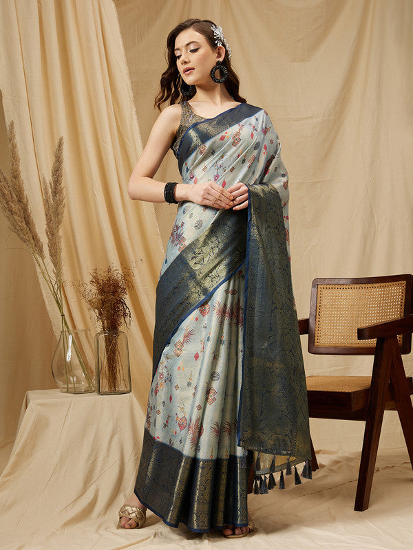 Gray Tissue Silk Floral Digital Print Saree with Blouse Piece