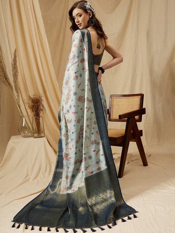 Gray Tissue Silk Floral Digital Print Saree with Blouse Piece