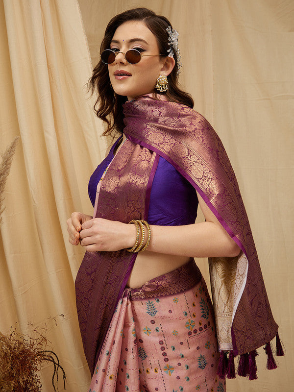 Purple tissue silk saree with colorful digital floral print and unstitched blouse piece