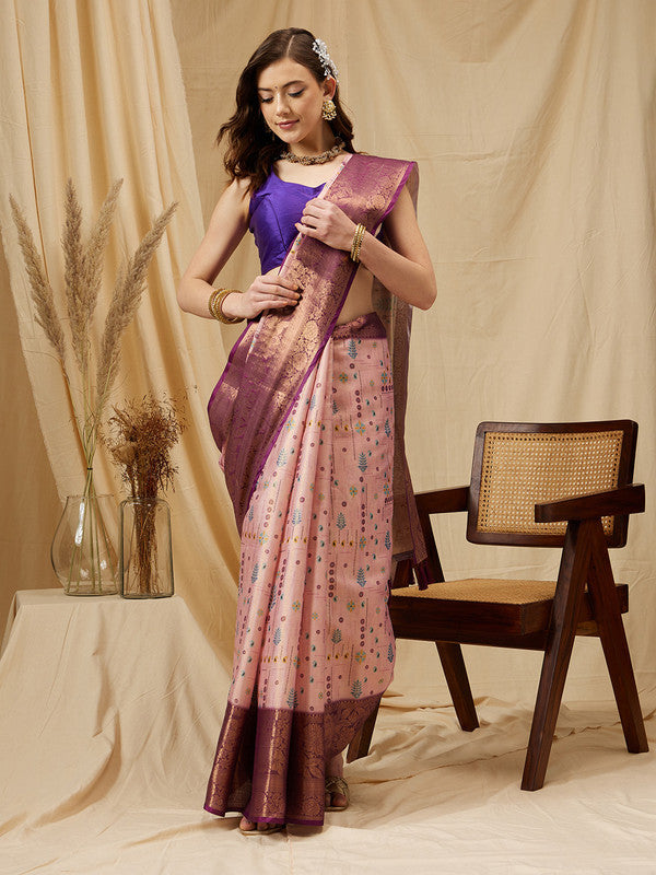 Purple Tissue Silk Floral Digital Print Saree with Blouse Piece