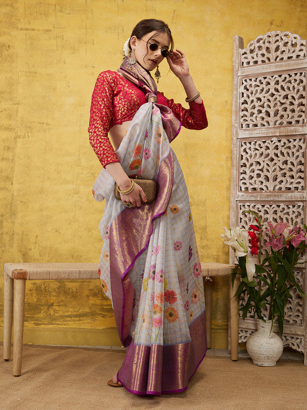 Lavender Munga Silk Saree with Floral Digital Print & Blouse