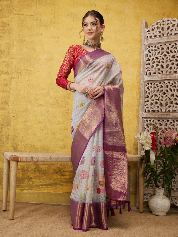 Lavender Munga Silk Saree with Floral Digital Print & Blouse