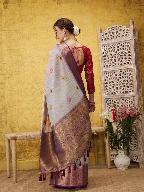 Lavender Munga Silk Saree with Floral Digital Print & Blouse