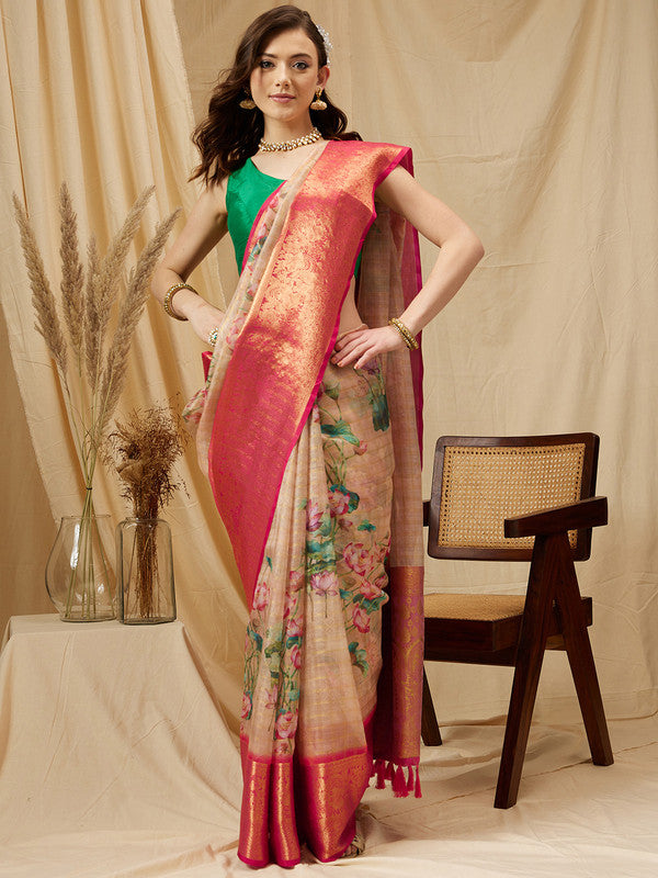 Peach Munga Silk Digital Print Floral Saree with Unstitched Blouse