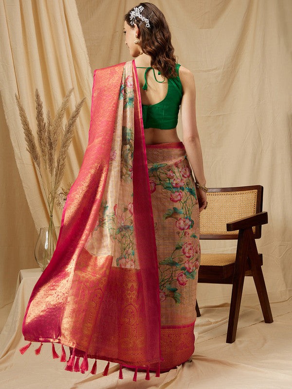 Peach Munga Silk Digital Print Floral Saree with Unstitched Blouse