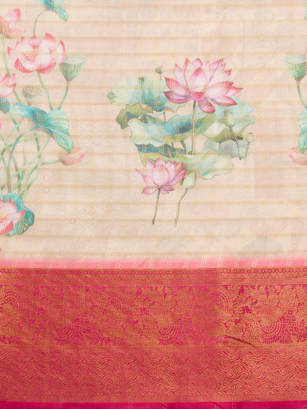 Peach Munga Silk Digital Print Floral Saree with Unstitched Blouse