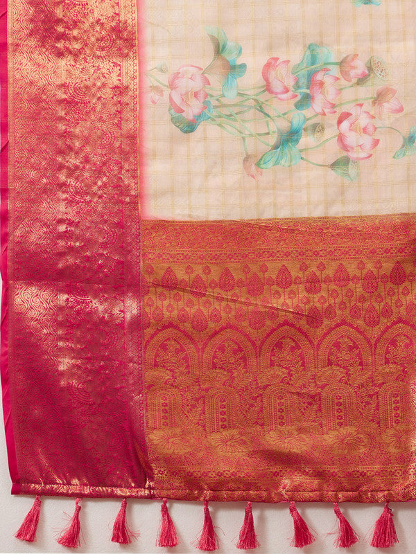 Peach Munga Silk Digital Print Floral Saree with Unstitched Blouse