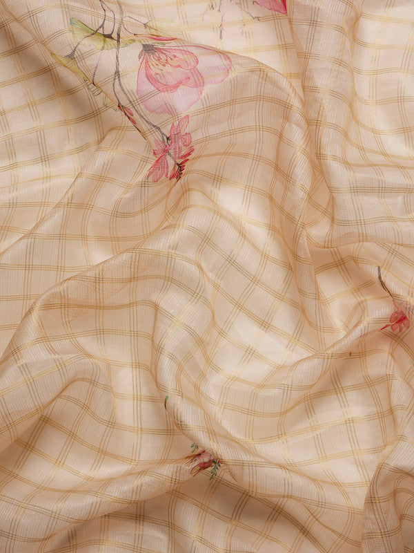 Peach Munga Silk Digital Print Floral Saree with Unstitched Blouse