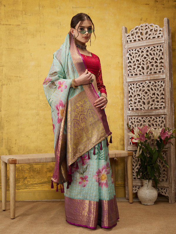 Turquoise Munga silk saree featuring floral digital prints with matching unstitched blouse