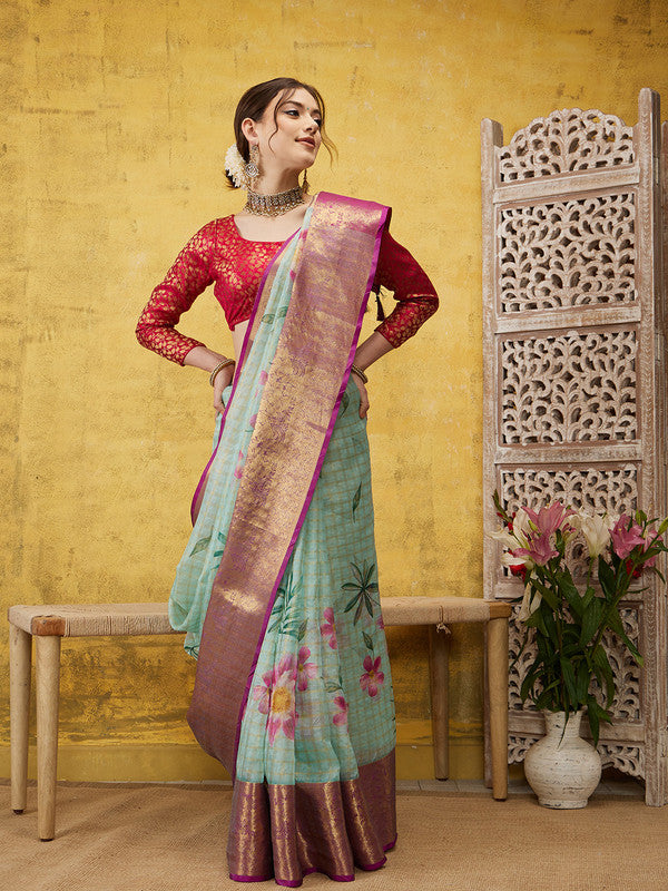 Turquoise Munga Silk Floral Digital Print Saree with Blouse