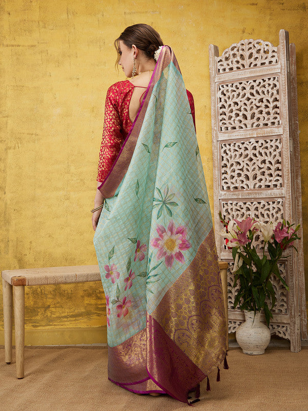 Turquoise Munga Silk Floral Digital Print Saree with Blouse