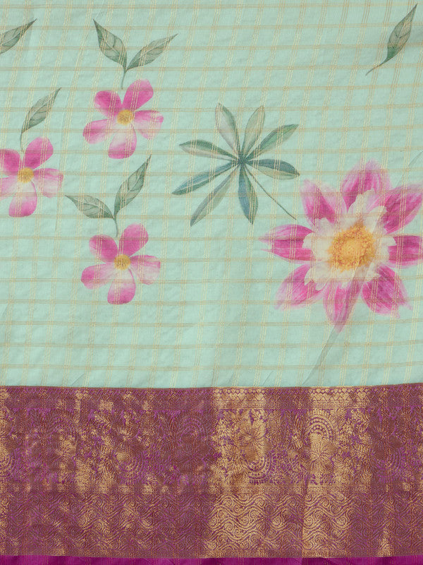 Turquoise Munga Silk Floral Digital Print Saree with Blouse