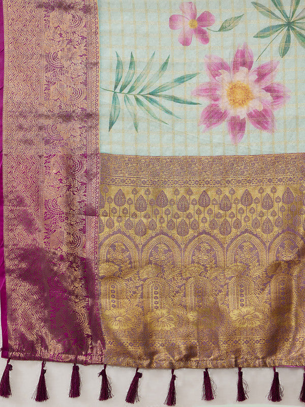 Turquoise Munga Silk Floral Digital Print Saree with Blouse