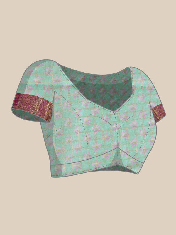 Turquoise Munga Silk Floral Digital Print Saree with Blouse