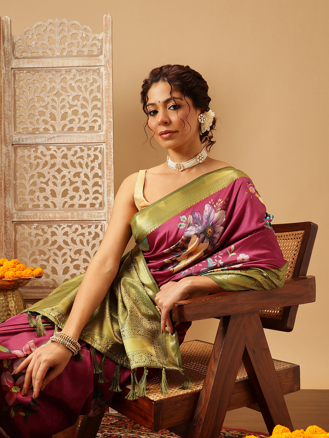 Pink Banarasi Silk Saree with Floral Digital Print