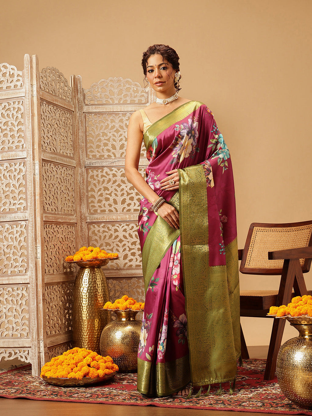 Pink Banarasi Silk saree with detailed floral digital print