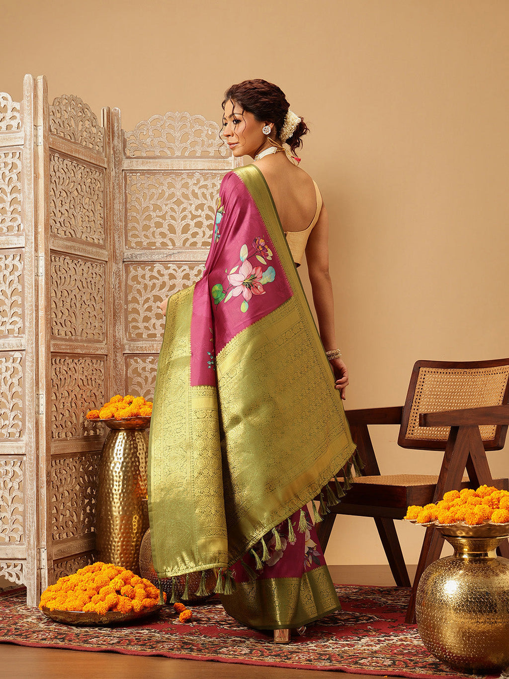 Pink Banarasi Silk Saree with Floral Digital Print