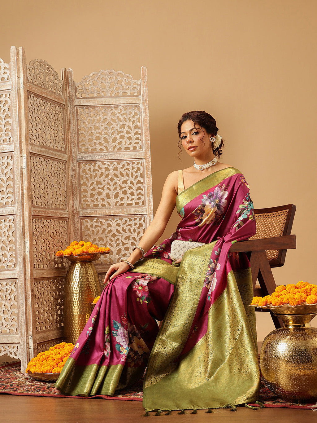 Pink Banarasi Silk Saree with Floral Digital Print