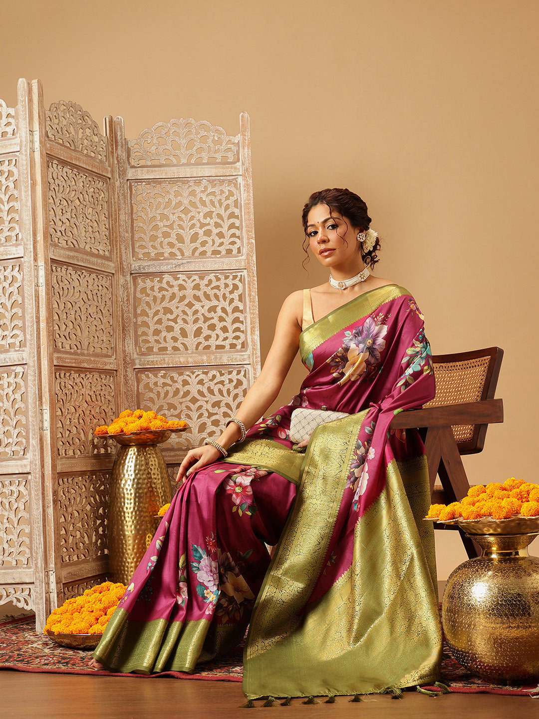 Pink Banarasi Silk Saree with Floral Digital Print