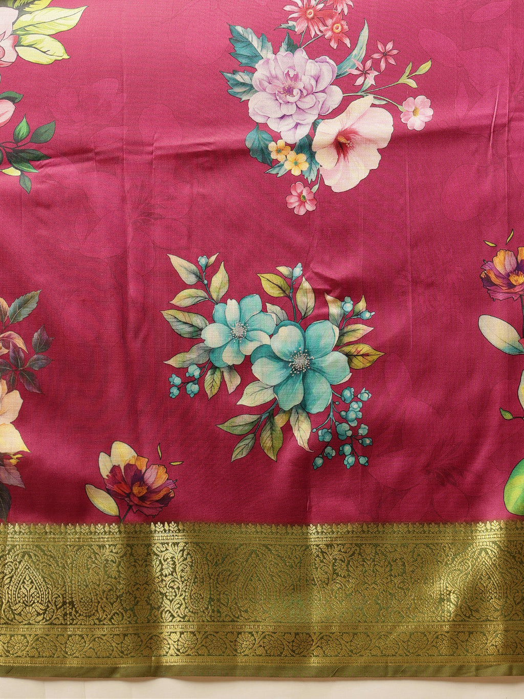 Pink Banarasi Silk Saree with Floral Digital Print
