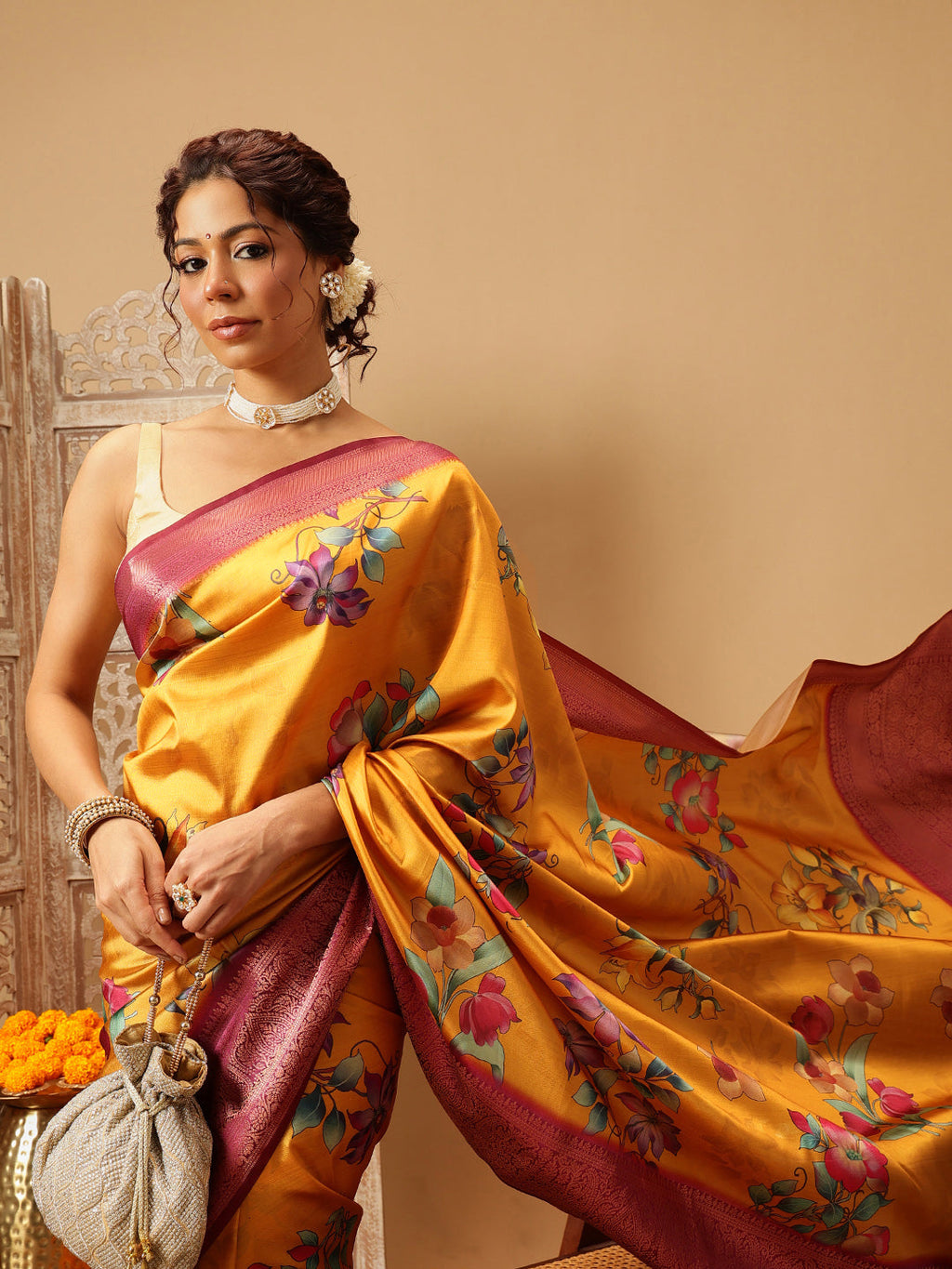 Mustard Banarasi Silk Floral Digital Printed Saree