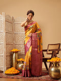 Mustard Banarasi Silk saree with floral digital print