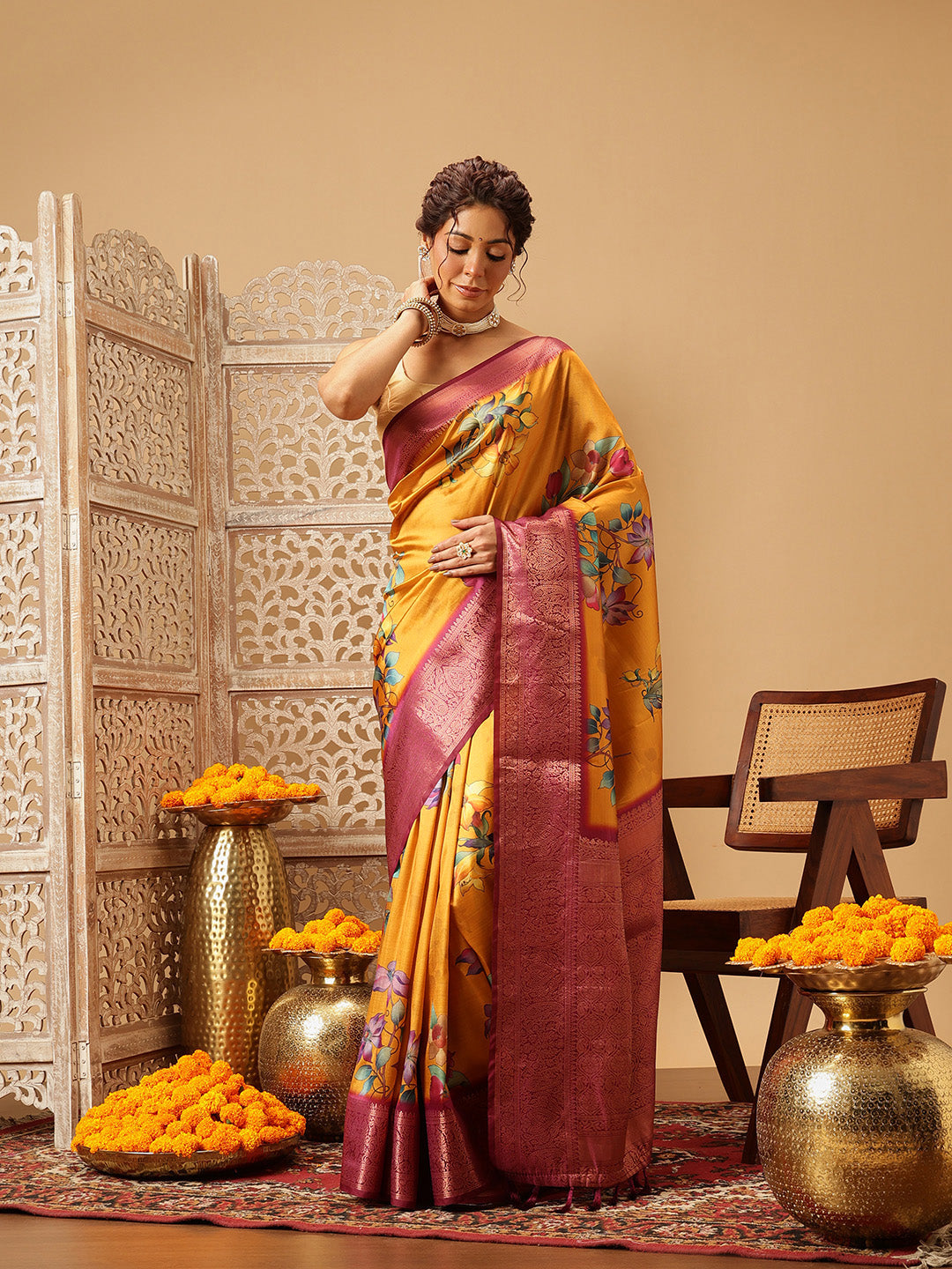 Mustard Banarasi Silk saree with floral digital print