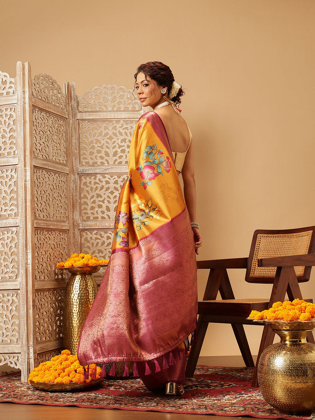 Mustard Banarasi Silk Floral Digital Printed Saree