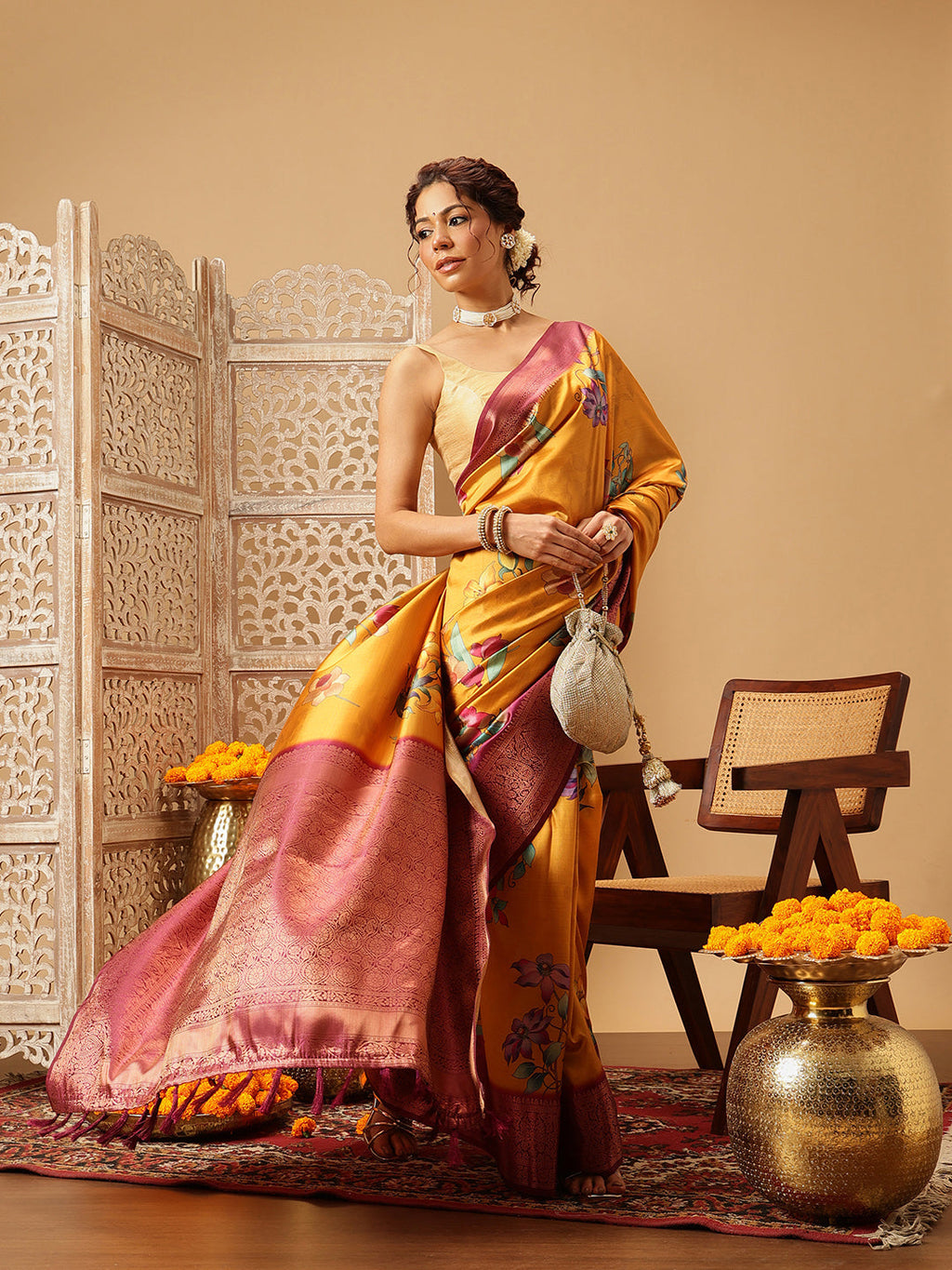 Mustard Banarasi Silk Floral Digital Printed Saree