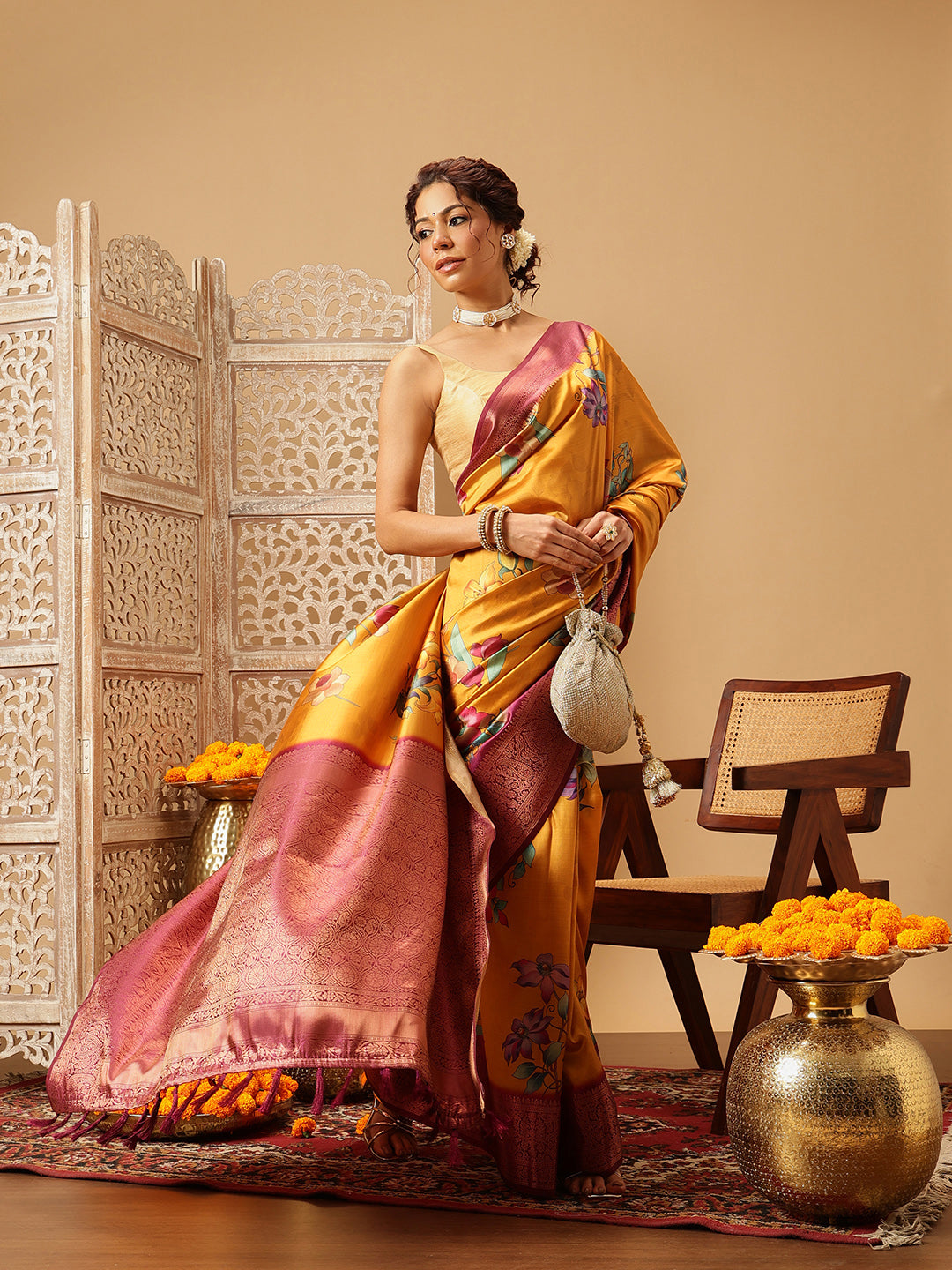 Mustard Banarasi Silk Floral Digital Printed Saree