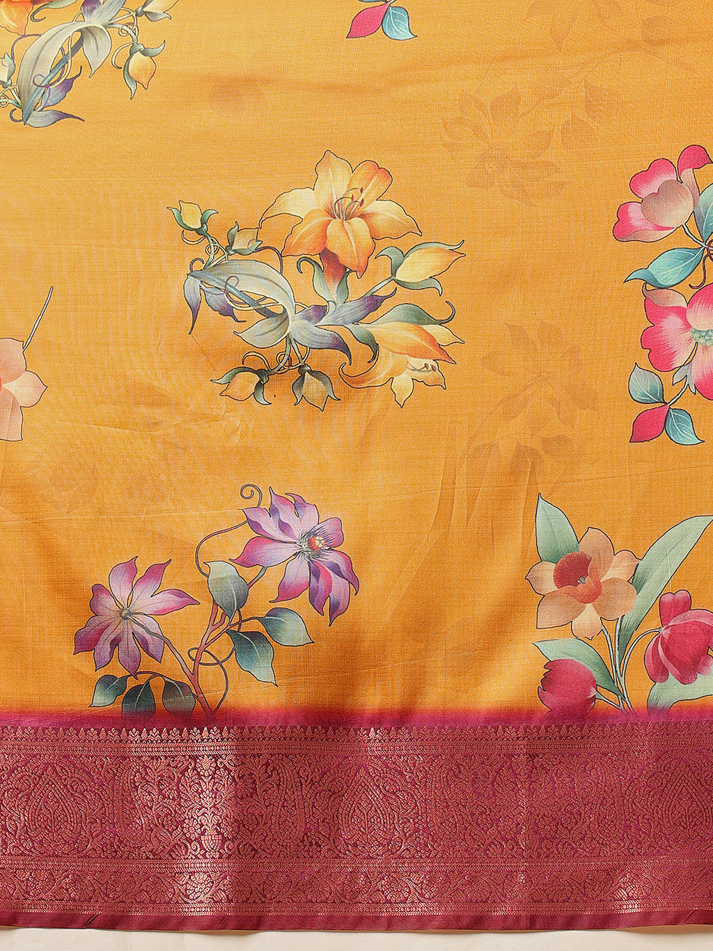 Mustard Banarasi Silk Floral Digital Printed Saree