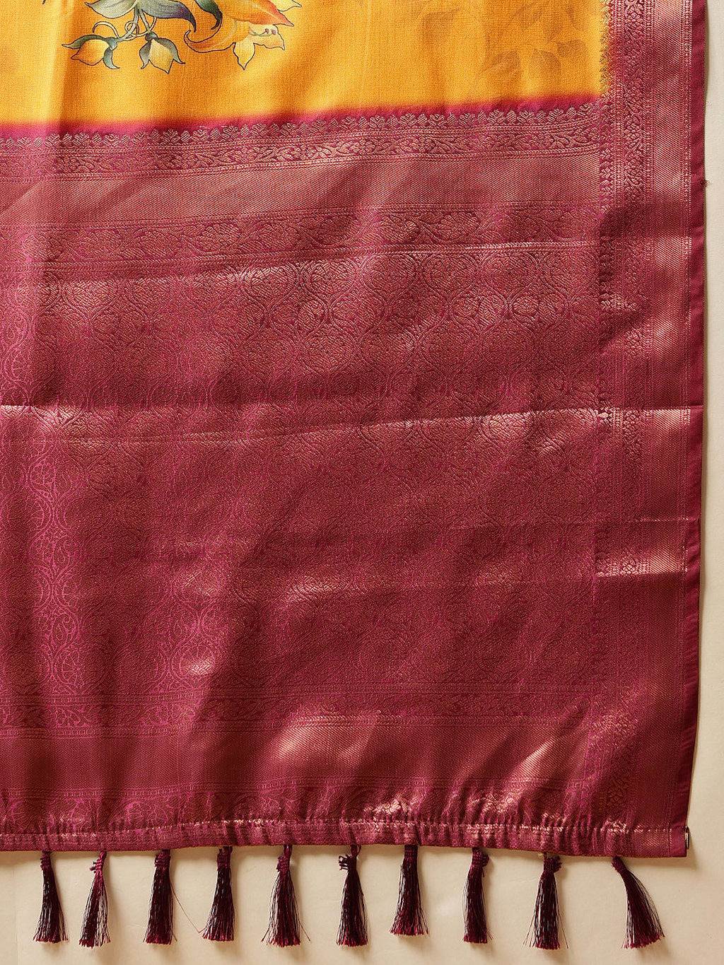 Mustard Banarasi Silk Floral Digital Printed Saree