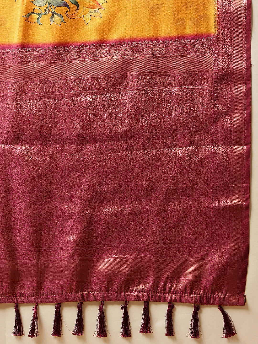 Mustard Banarasi Silk Floral Digital Printed Saree