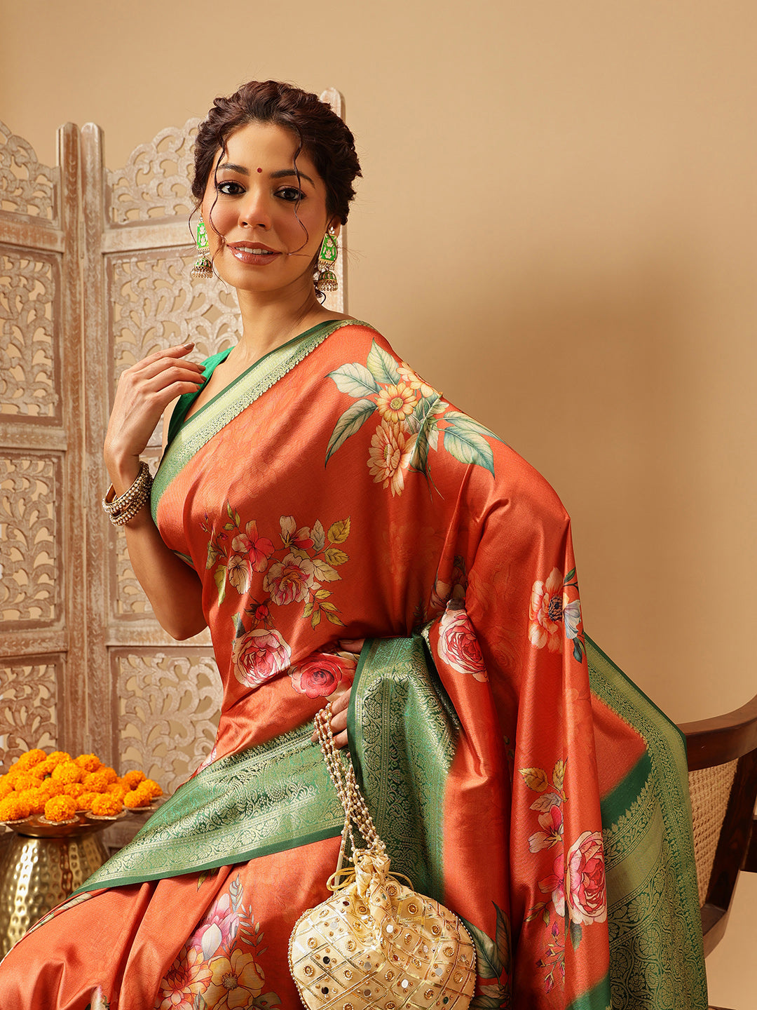 Orange Banarasi Silk Floral Digital Print Saree for Weddings
