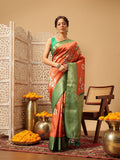 Orange Banarasi silk saree with intricate floral digital print patterns
