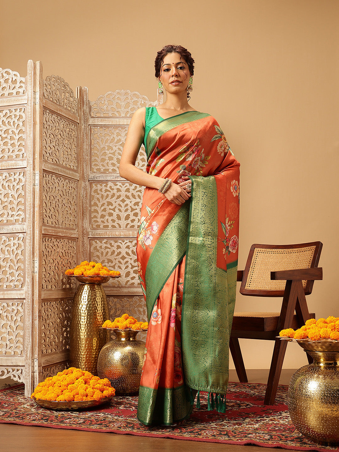 Orange Banarasi silk saree with intricate floral digital print patterns