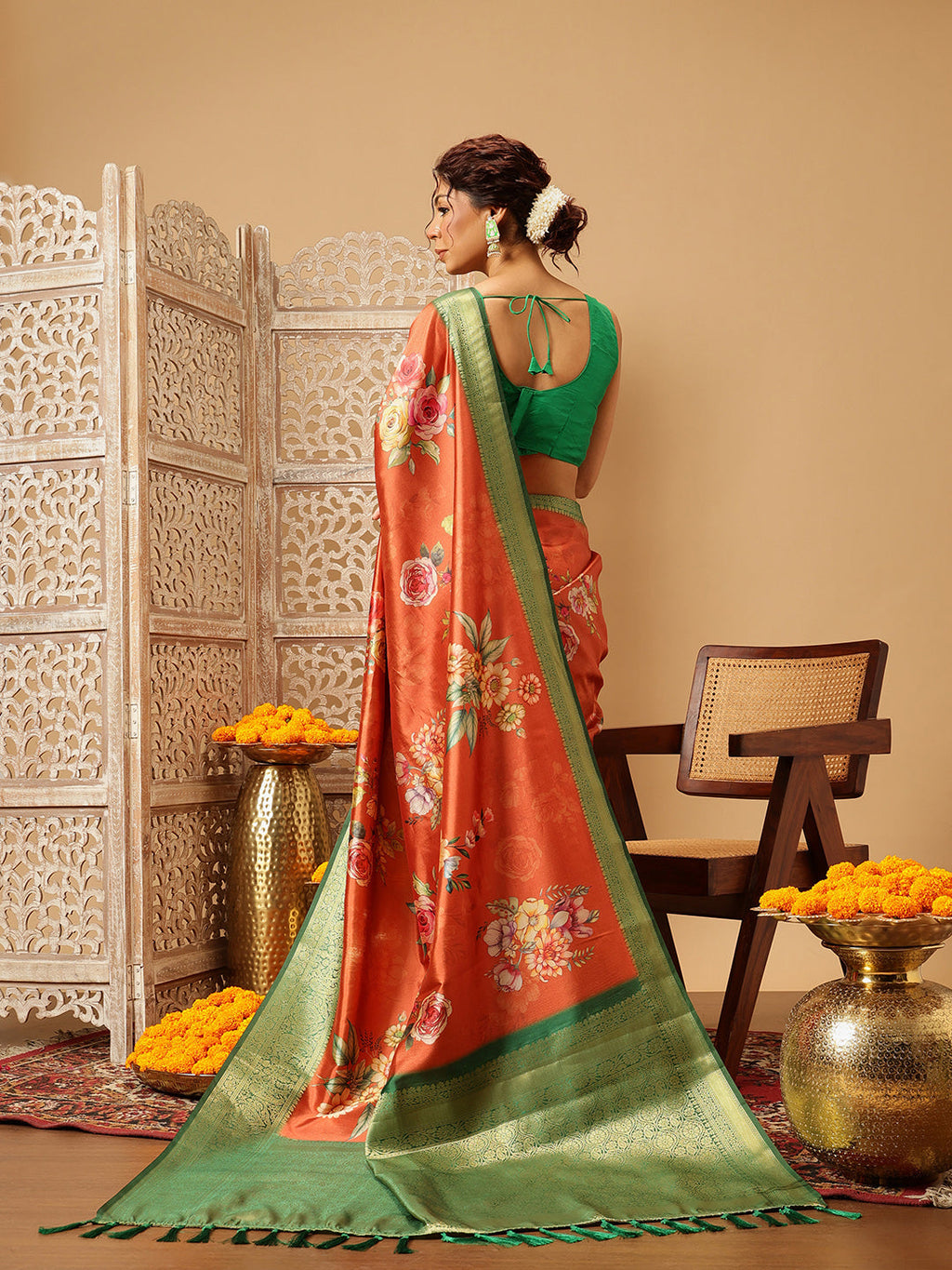 Orange Banarasi Silk Floral Digital Print Saree for Weddings
