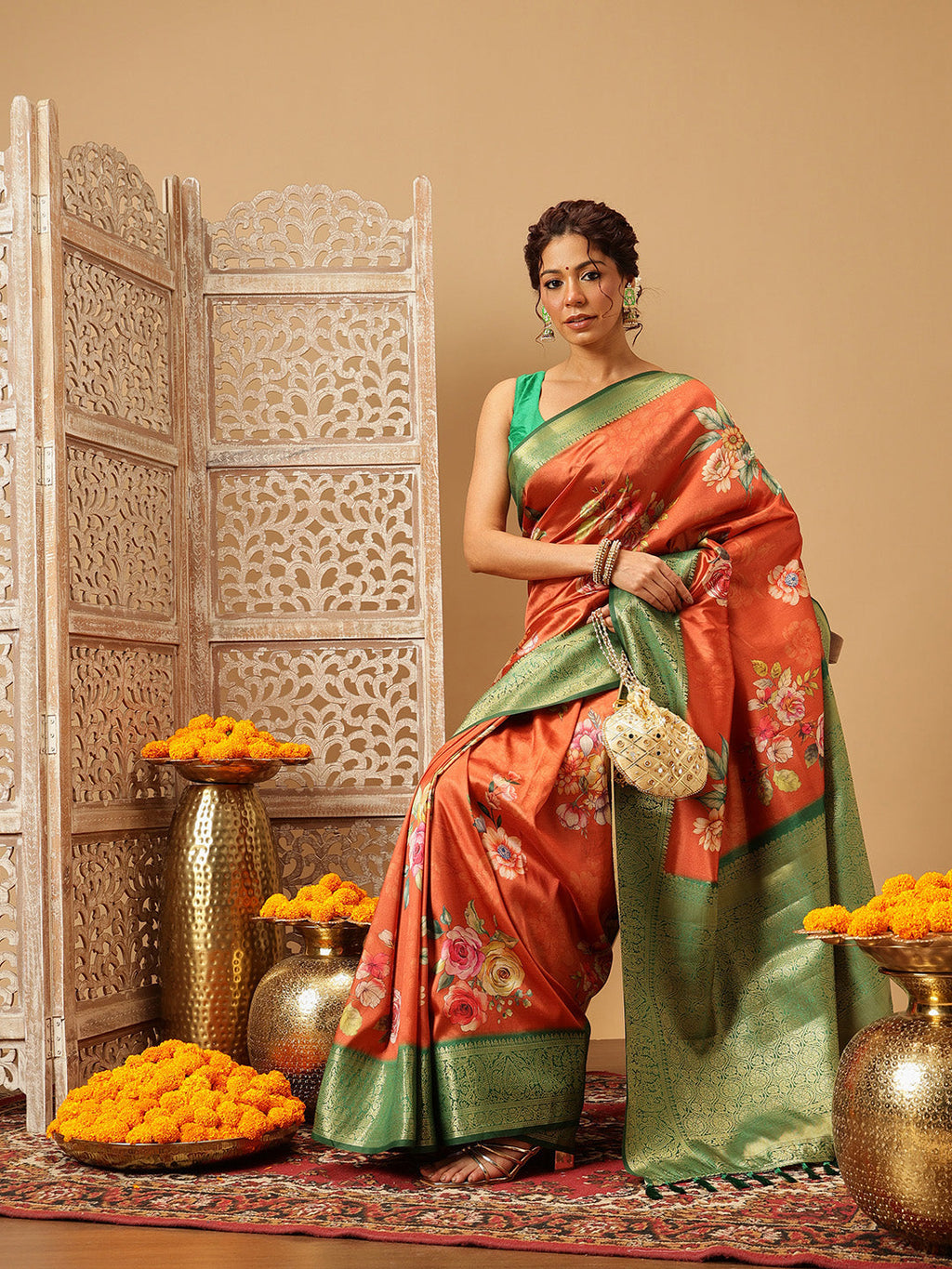 Orange Banarasi Silk Floral Digital Print Saree for Weddings
