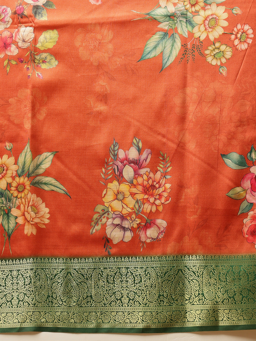 Orange Banarasi Silk Floral Digital Print Saree for Weddings