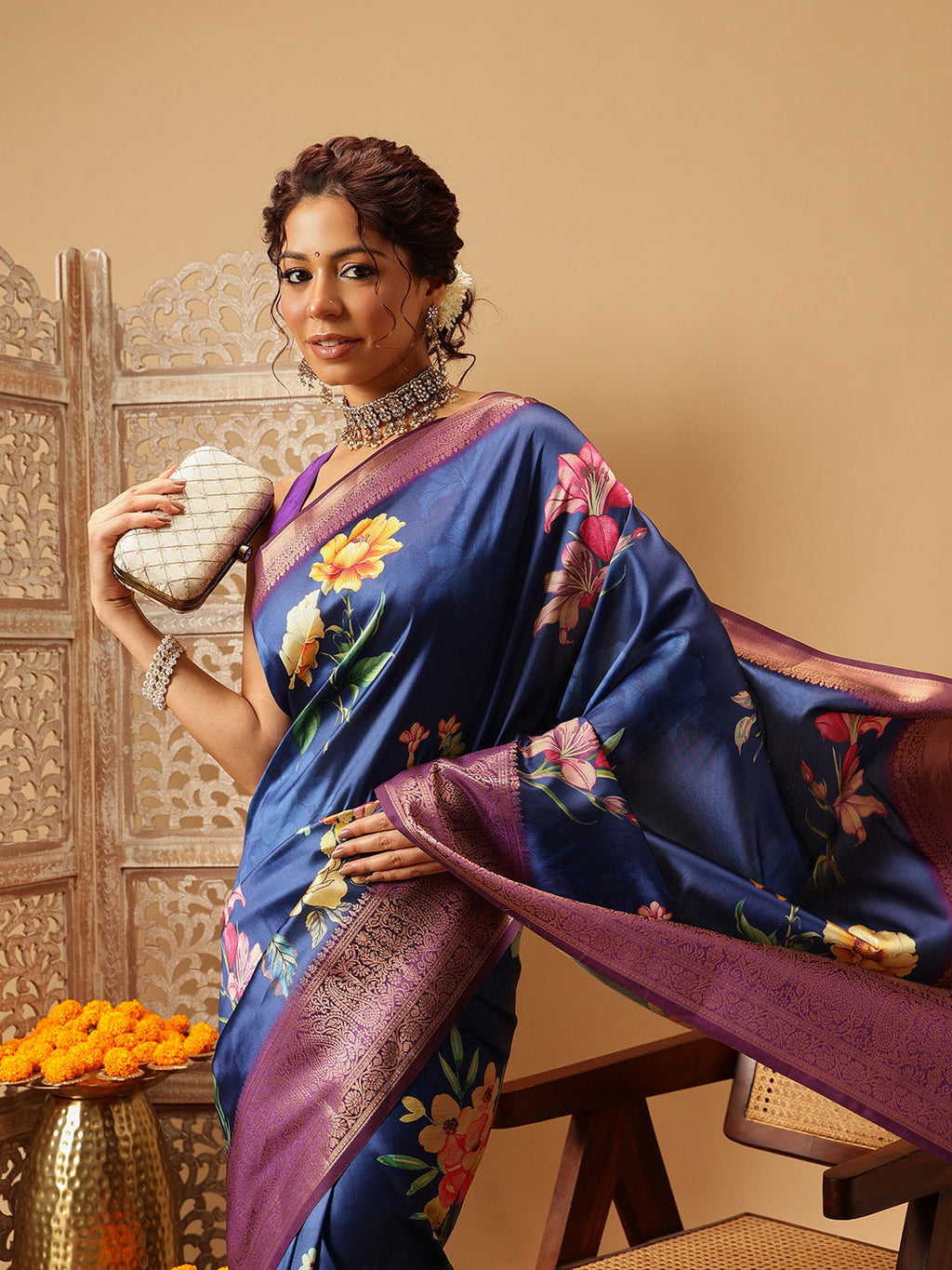 Navy Blue Banarasi Silk Saree with Floral Digital Print