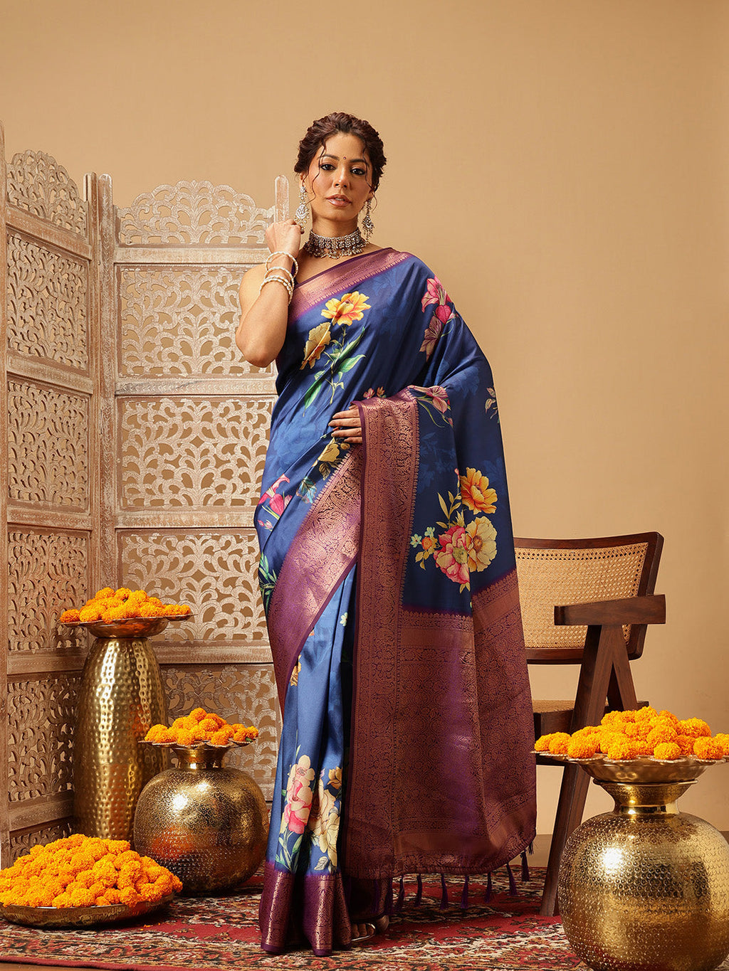Navy Blue Banarasi Silk Saree with intricate floral digital print