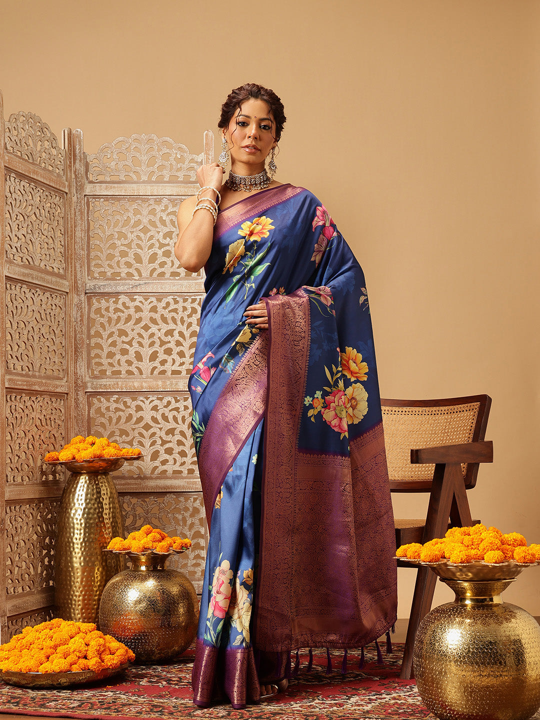 Navy Blue Banarasi Silk Saree with intricate floral digital print