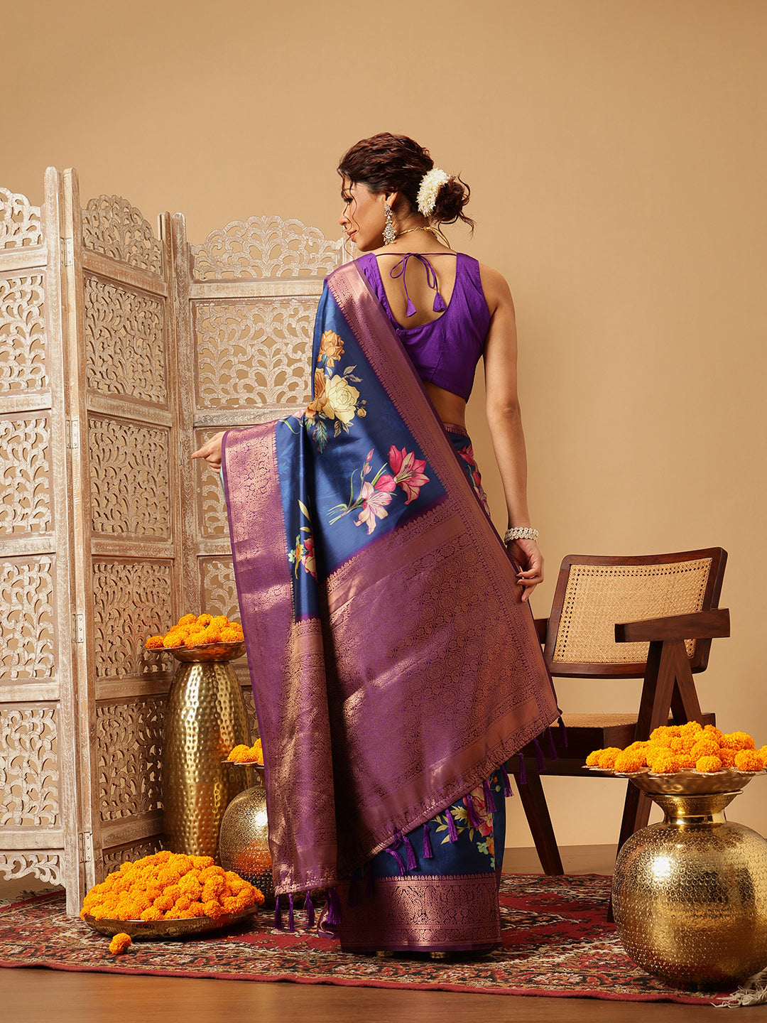 Navy Blue Banarasi Silk Saree with Floral Digital Print