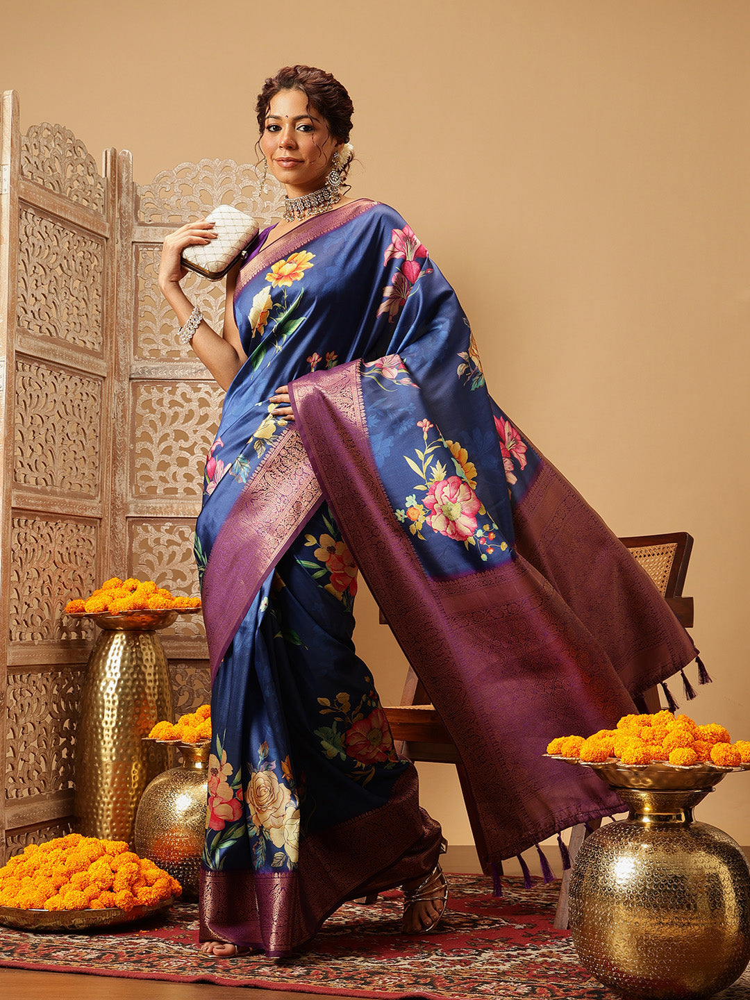 Navy Blue Banarasi Silk Saree with Floral Digital Print